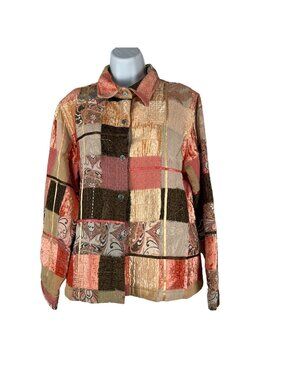 Multiples Womens Patchwork Button-Up Blouse Size M Rayon Blend Quilted Texture